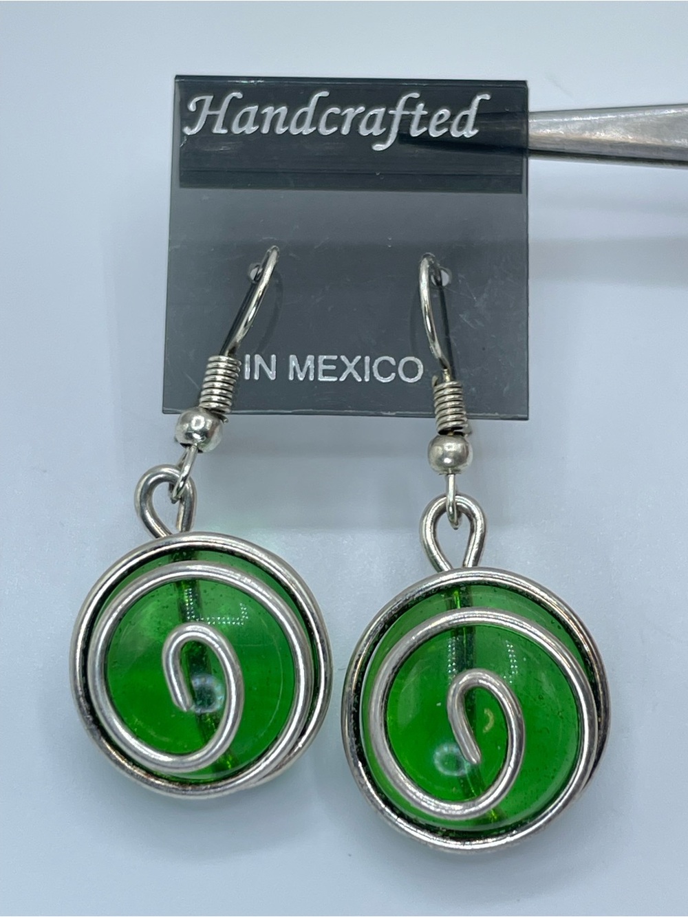 Handcrafted in Mexico Green Glass Silver Tone Wire Wrap Dangle Earrings Artisan